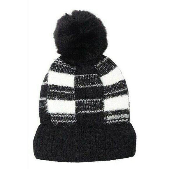 Knitted Hat Winter Pom-Pom Black & White Buffalo Plaid Fuzzy - Picture 1 of 6